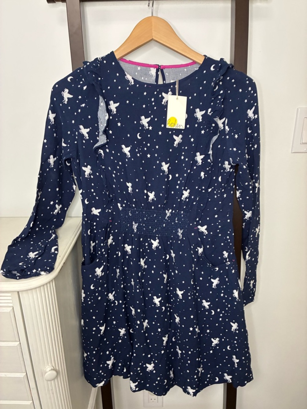 Brand new Biden Girls' Navy Blue Unicorn Print Long-Sleeve jersey Dress kids